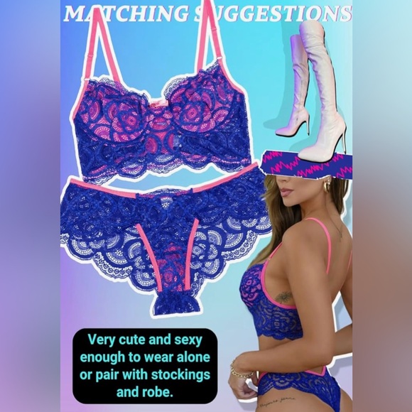 Neon Lace Lingerie Set Blue & Pink Underwire Bra + Thong 2-Piece - Picture 6 of 6